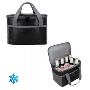 Hielera con interior impermeable, doble cierre, 1 bolsa frontal, 2 mallas laterales y doble asa.